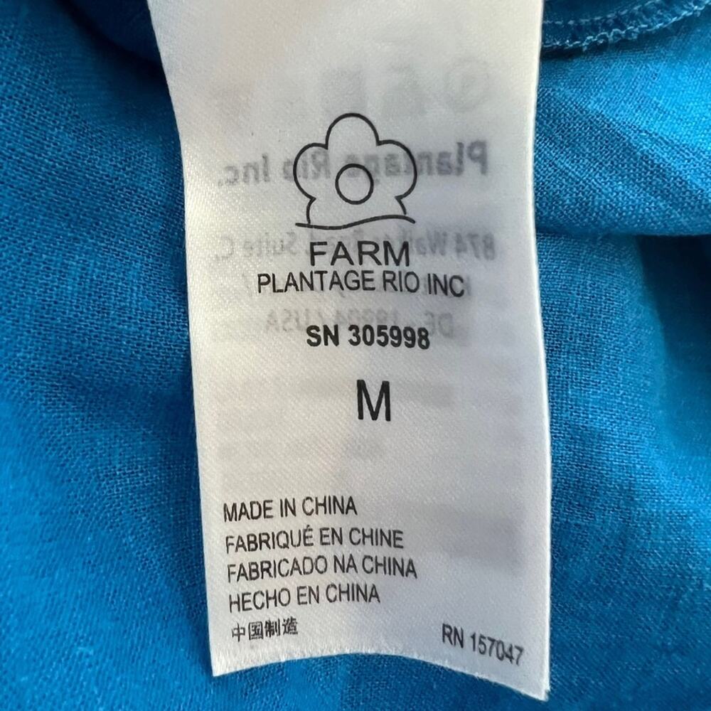 Farm Rio Cutout Knot Waist Linen Blend Puff Sleeve Blue Midi Dress Size M - Picture 8 of 14